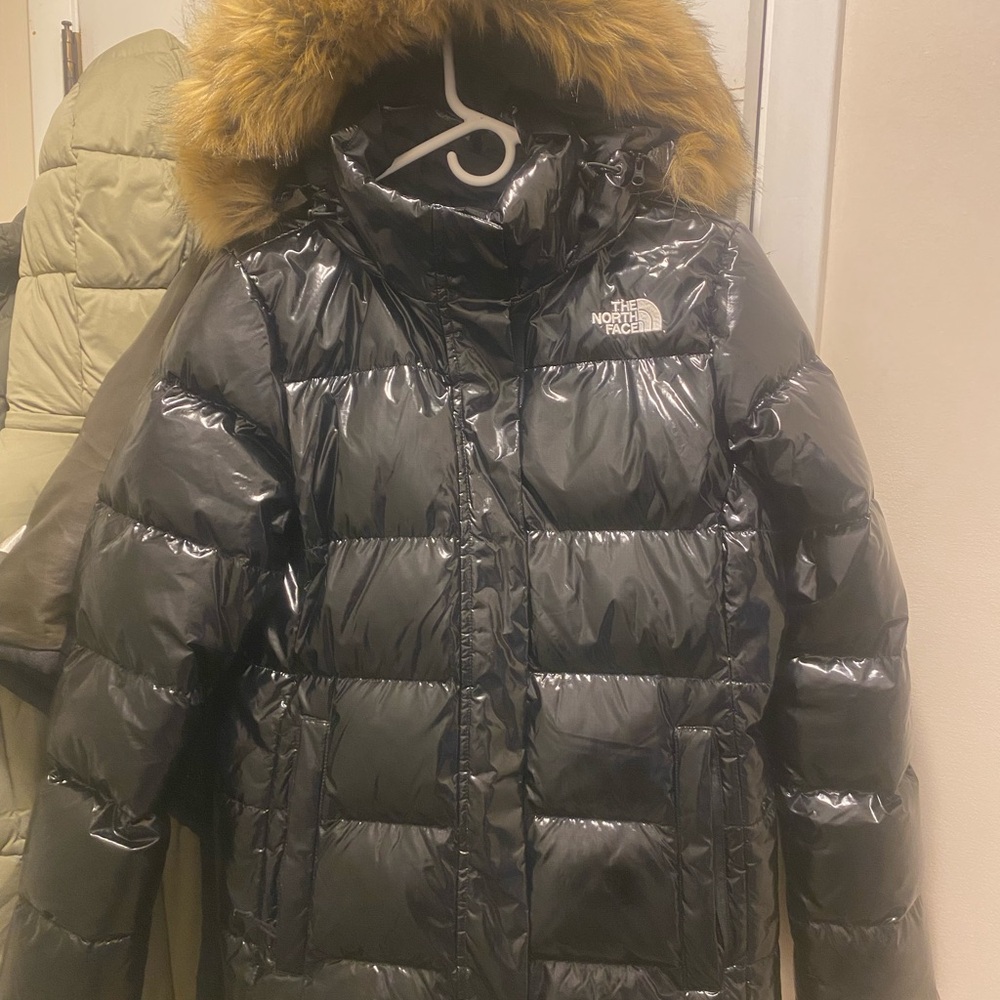 The North Face Shiny Black Jacket with Fur Trim